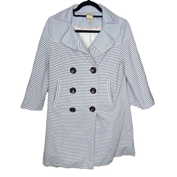 Anthropologie Elevenses Wm’s Sz 6 Blue White Stripe Cotton Bell Sleeves Pea Coat - Picture 1 of 5
